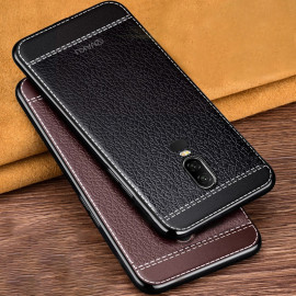 Vaku ® OnePlus 6 Leather Stitched Gold Electroplated Soft TPU Back Cover