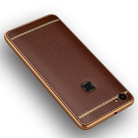 Vaku ® Vivo V7 Plus Leather Stitched Gold Electroplated Soft TPU Back Cover