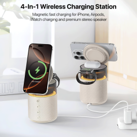 Vaku Luxos ® 4in1 Triostation Bluetooth Speaker 15W Magnetic Mag-safe Wireless Charger for iPhone 17/16/15/14/13/12 Series, iwatch, Airpods Fast Charging Dock Phone Stand with Night Light & Music Sound