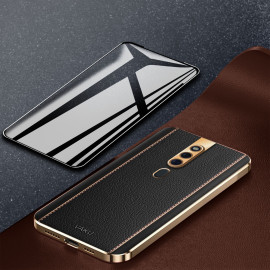 Vaku ® 2In1 Combo Oppo F11 Pro Luxemberg Leather Stitched Gold Electroplated Case with 9H Shatterproof Tempered Glass