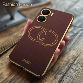 Vaku ® Vivo Y16 Skylar Leather Pattern Gold Electroplated Soft TPU Back Cover