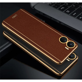 Vaku ® Vivo Y16 Luxemberg Series Leather Stitched Gold Electroplated Soft TPU Back Cover