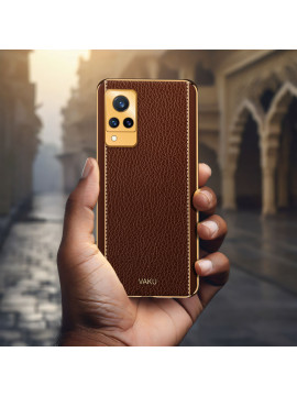 Vaku ® Vivo V21 5G Luxemberg Series Leather Stitched Gold Electroplated Soft TPU Back Cover