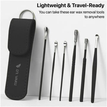Dr Vaku ® Reusable EarWax Removal Cleaning Tool Kit (Set of 7) Stainless Steel With Storage Case Ear Pick Scoop Curette Cleaner And Spring Buds Safe Easy & Hygienic