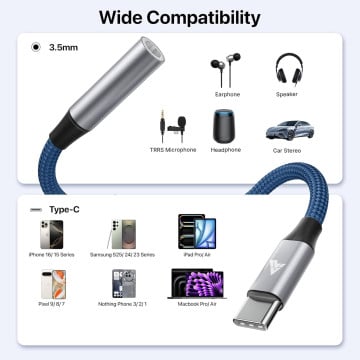 Vaku Luxos® SonicArc Type C to 3.5 mm Jack Digital Audio DAC 24-bit/96KHz 3.5mm Connector Aux Cable, Headphone, Earphone USB C Converter/Adapter for iPhone 16/15, Samsung, Oneplus, Other Phone