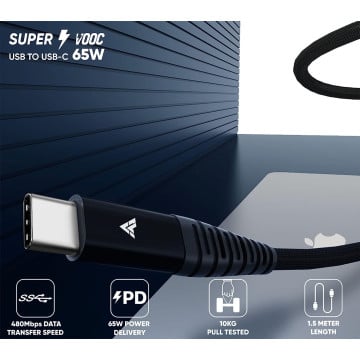 DR VAKU  ® DURATUF SUPER VOOC 65W USB-A to Type-C 1.5meter Fast Charging Support & 480 MBPS Data Transfer Speed