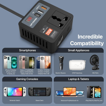DR VAKU® VoltDrive Neo 5in1 200 Watt Car Laptop Charger Fast Charging/Car Power Inverter Portable,12V DC to 220V AC Socket Converter (1x 3Pin Plug, 2X USB, 1x 30W PD) for Laptop, Mobile & Others