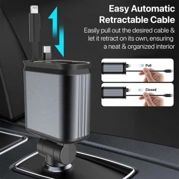 DR VAKU® 4 in 1 Car Charger 66W Dual USB Port with 31.5-Inch Retractable Cables Car Mobile Laptop Adapter for iPhone 16/15/14/13 etc, Samsung All Series, Tablets, & Android Smartphones
