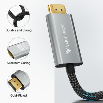 Vaku Luxos® SYNC FURY Gold Plated Nylon Braided HDMI to HDMI Cable 8K@60Hz Resolution Compatible with MacBook, iPad, Laptop, Chromebook, TV and Monitor