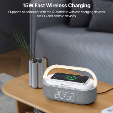 Vaku Luxos ® 3-in-1 Synostation Bluetooth Speaker 15W Wireless Charger for iPhone | 360° Surround Sound, FM Radio, Alarm, RGB Light