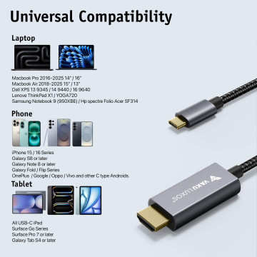 Vaku Luxos® ULTREZ Gold Plated 2M Nylon Braided Type-C to HDMI Cable, 4K@60Hz Resolution Compatible with MacBook, iPad, Laptop, Chromebook and TV