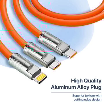 Vaku Luxos ® 3-in-1 Fast Charging Data Sync Cable 120W Durable Silicone Cable With Lightning, C-Type, Micro USB Ports