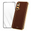 Vaku ® 2In1 Combo OnePlus Nord CE Luxemberg Leather Stitched Gold Electroplated Case with 9H Shatterproof Tempered Glass