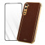 Vaku ® 2In1 Combo OnePlus Nord Luxemberg Leather Stitched Gold Electroplated Case with 9H Shatterproof Tempered Glass